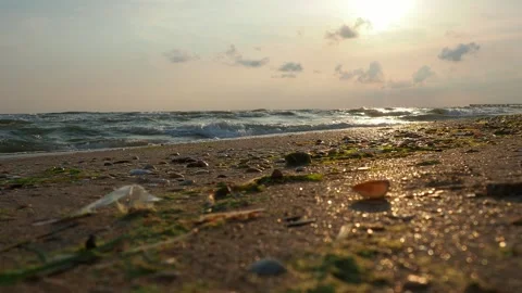 Calm waves roll over the sandy shore. Sunset at sea or ocean. Water movement Stock Footage 252484523