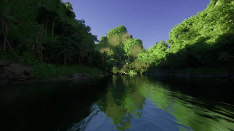 Calm wilderness scene with symmetrical trees and reflective water surface Stock Footage 341819202