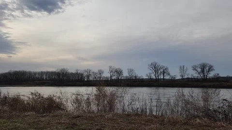 Calm Winter River and Bare Trees Under Soft Overcast Sky Stock Footage 330220394