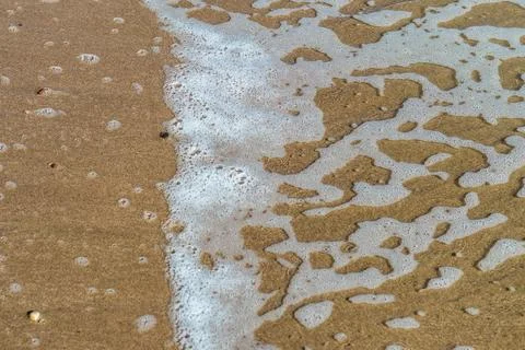 A calming close-up view of a sandy beach with foamy waves gently receding. Th Foto stock