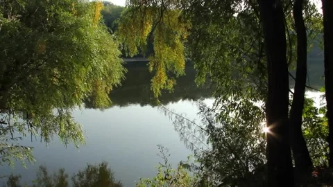 Calming effect on the human psyche of the slow flow of a flat river Stock Footage 139858605