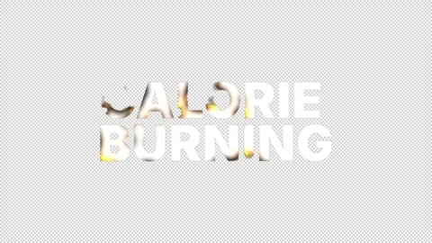 "Calorie Burning" text ignites and burns out with fire animation. Transparent Video stock 312788883