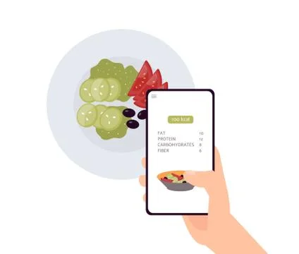 Calorie count app on phone screen over green salad dish Stock Illustration
