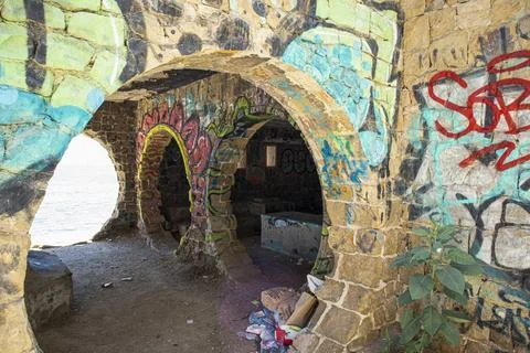 Calpe, Spain - May 27, 2026.Interior view of an abandoned coastal structure.. Stock Photos