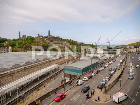 Calton hill and waverley train station, Edinburgh, United Kingdom, May 23rd 2018 Stock Photos