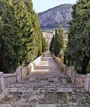 Calvari steps, pollenca, view from top with no people and lone black cat, mal Stock Photos