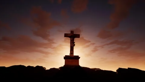 Calvary Cross Silhouette Dramatic Cloudy Sunset Sky Easter Scene Stock Footage 337815081