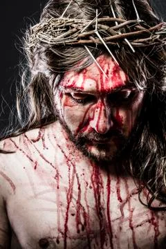 Calvary jesus, man bleeding, representation of passion Stock Photos