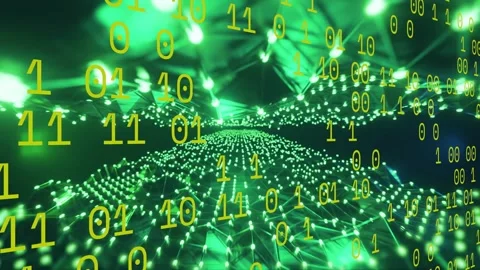 Cam arc starting yellow binary digits and green nodes streaming past, forming Stock Footage 334337582