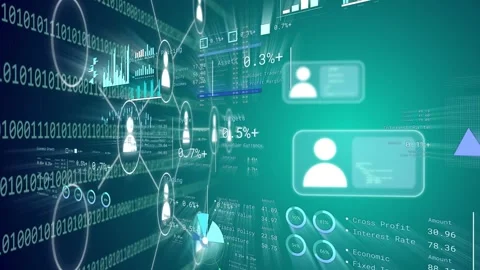 Cam gliding right, avatars emerging, pulsing, cards sliding, updating values, Stock Footage 334337766