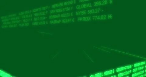 Cam moving forward as green tickers rotating and scrolling on transparent bg Stock Footage 329503140