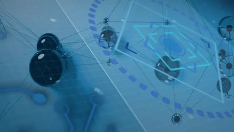 Cam panning 3D node network activating hexagon emerging and cuboid rotating for Stock Footage 329909218