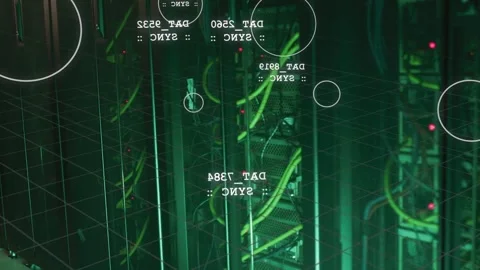 Cam panning data center rack, HUD labels syncing with green or yellow cables, Stock Footage 333830299