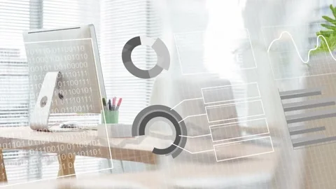 Cam panning up, desk showing data cards, glasses sliding off, charts growing to Stock Footage 333610144
