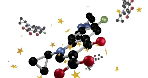 Cam panning, molecule rotating and revealing ball-stick atoms, gold stars Stock Footage 328396288