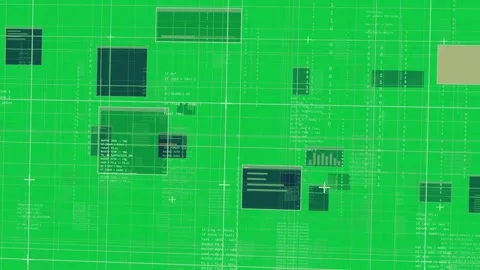 Cam panning right, zooming in, matrix sliding panels revealing code, charts on Stock Footage 340269408