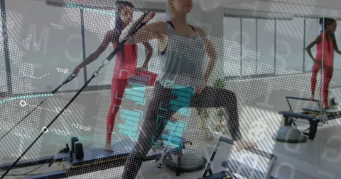 Cam pulling back gray tank woman stepping on reformer using straps lunging for Video stock 332296243