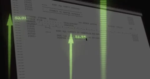 Cam pulling back, showing projected code with green arrows rising, numbers Stock Footage 329832322