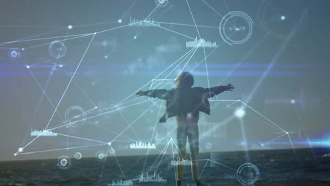 Cam pulling back, woman holding arms on pier, HUD graphics layering around Vídeos de archivo 333967604