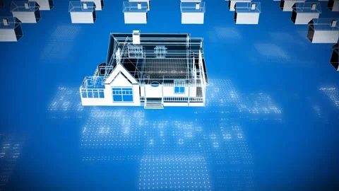 Cam zooming causing 3D house gaining opacity revealing interiors rotating Stock Footage 328657130