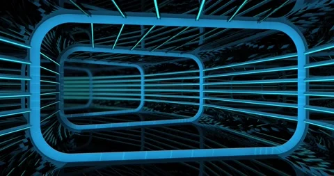 Camara goes through a reflective rectangular tunnel with structure and blue ligh 스톡 동영상 151232348