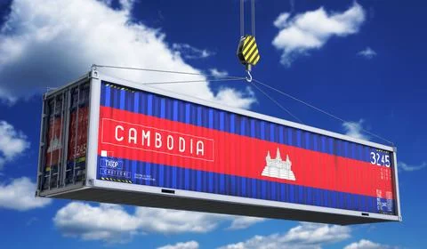 Cambodia - cargo container hanging on crane for international trade and log.. 库存插图