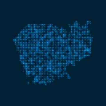 Cambodia dotted glowing map. Shape of the country with blue bright bulbs. V.. Stock Illustration