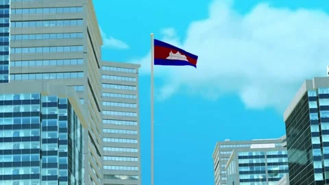 Cambodia Flag 3D Render Animation with Urban Architecture and Clear Blue Sky Video stock 333054170