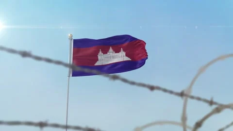 Cambodia  flag behind border Stock Footage 137400903