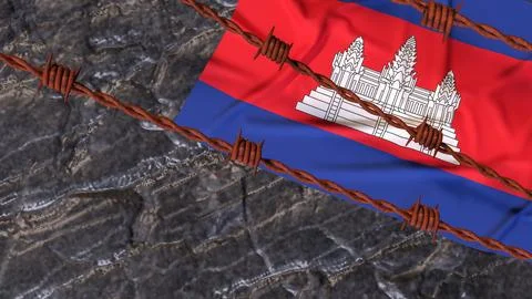 Cambodia Flag Behind Rusty Barbed Wire Border 3d Stock Illustration