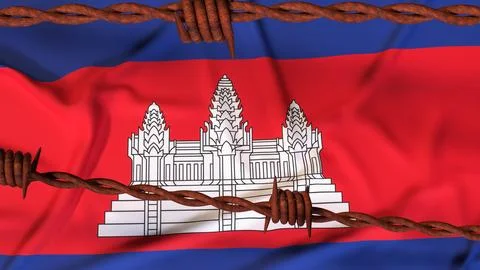 Cambodia Flag Behind Rusty Barbed Wire Border 3d Stock Illustration