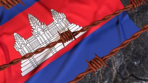 Cambodia Flag Behind Rusty Barbed Wire Border 3d Stock Illustration
