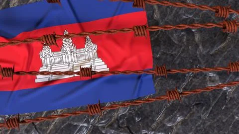 Cambodia Flag Behind Rusty Barbed Wire Border 3d Stock Illustration
