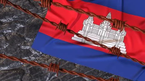 Cambodia Flag Behind Rusty Barbed Wire Border 3d Stock Illustration