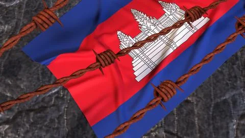 Cambodia Flag Behind Rusty Barbed Wire Border 3d Stock Illustration