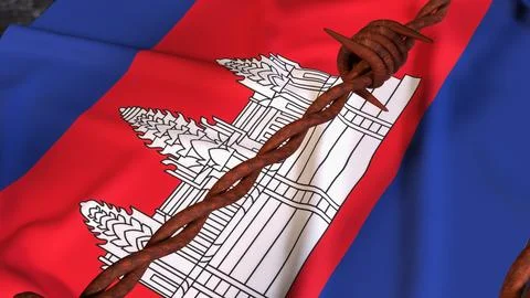 Cambodia Flag Behind Rusty Barbed Wire Border 3d Stock Illustration