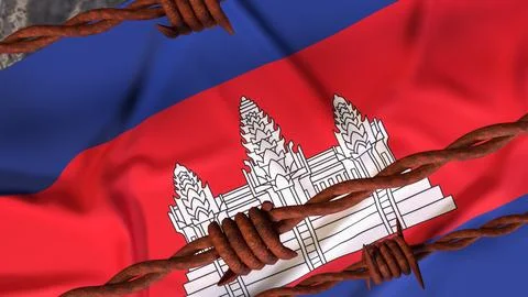 Cambodia Flag Behind Rusty Barbed Wire Border 3d Stock Illustration