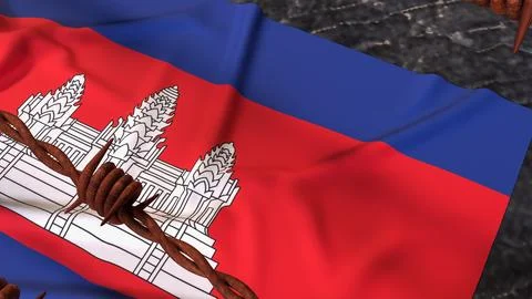 Cambodia Flag Behind Rusty Barbed Wire Border 3d Stock Illustration