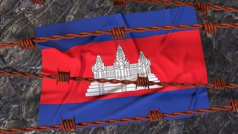 Cambodia Flag Behind Rusty Barbed Wire Border 3d Stock Illustration