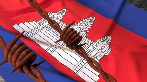 Cambodia Flag Behind Rusty Barbed Wire Border 3d Stock Illustration