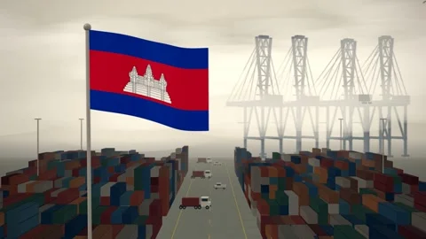 Cambodia Flag Flying Over A Container Port Terminal In Morning Haze Stock Footage 344470638
