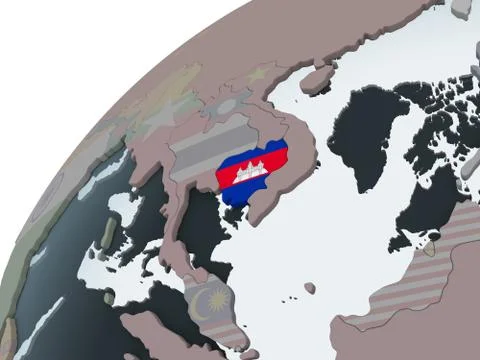Cambodia with flag on globe Stock Illustration