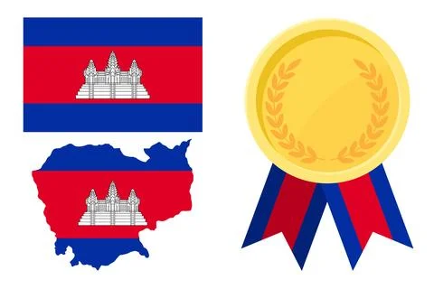 Cambodia flag with map and gold medal in set for web and banners or app and.. Stock Illustration