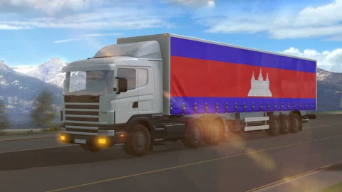 Cambodia flag shown on the side of a large truck Stock Footage 122096973