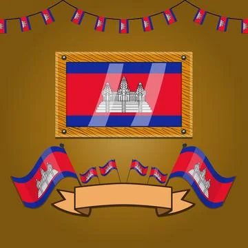 Cambodia Flags On Frame Wood, Label Stock Illustration