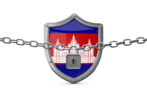 Cambodia lockdown concept. Shield with lock and chain. 3D Render 스톡 일러스트