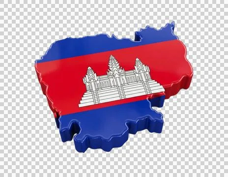Cambodia map 3d rendering with national flag and angkor wat icon on transpa.. Stock Illustration