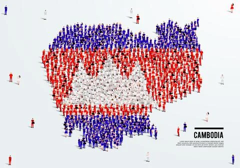Cambodia Map and Flag. A large group of people in the Cambodia flag color. Stock Illustration