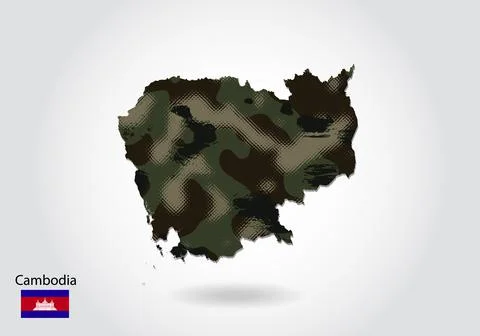 Cambodia map with camouflage pattern, Forest - green texture in map. Military Stock Illustration