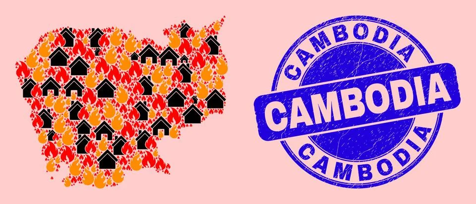 Cambodia Map Collage of Flame and Realty and Distress Cambodia Seal Stamp Ilustração Stock